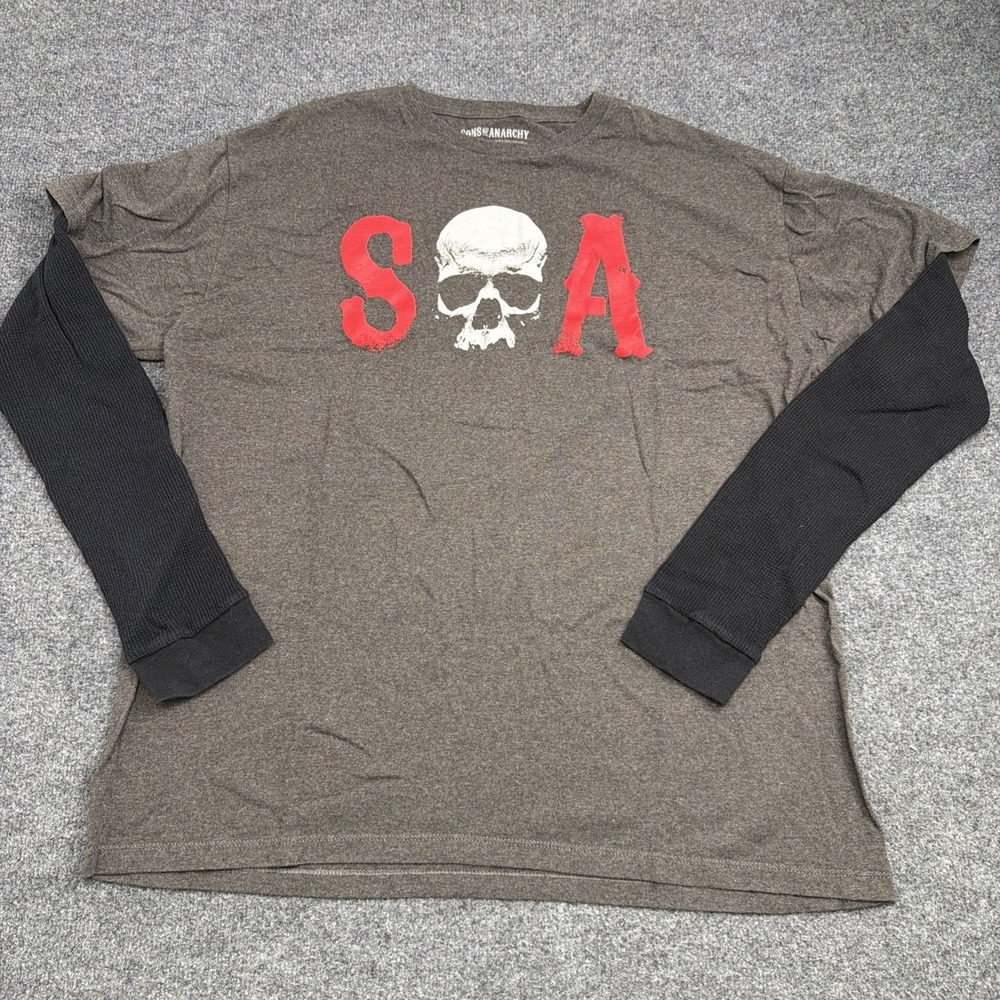 Sons of Anarchy Shirt Mens 2XL Gray Black SOA Skull Layered Long Sleeve Thermal